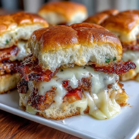 Warm and cheesy Derby Day Hot Brown sliders with turkey, bacon, and creamy Mornay sauce baked on soft rolls.  