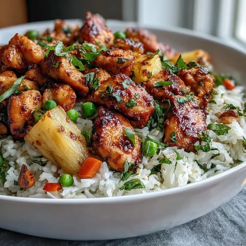 Vibrant Hawaiian pineapple chicken fried rice with juicy pineapple, tender chicken, and colorful vegetables in a savory-sweet sauce.