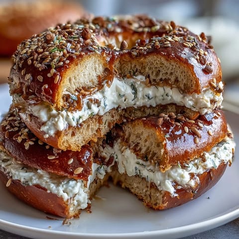 High-protein bagels with Greek yogurt everything dip, golden and chewy, served with a creamy, savory yogurt spread.