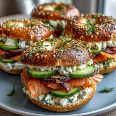1. Protein-packed cottage cheese bagels topped with silky smoked salmon, fresh dill, and crisp cucumber slices.  