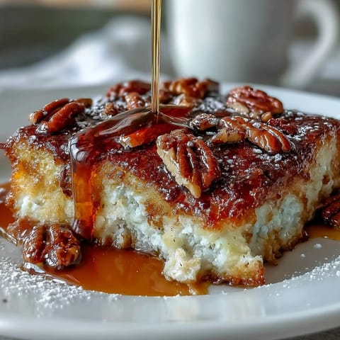 Easy pancake casserole with maple syrup drizzle, topped with crunchy pecans for a sweet, nutty flavor.