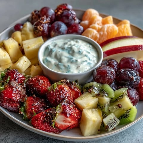 Vibrant Spring Fruit Table Platter with Dipping Yogurt Sauce, perfect for brunches and gatherings.