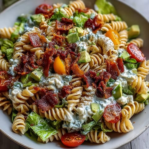 Fresh BLT pasta salad with bacon and avocado, perfect for summer cookouts or light dinners.  