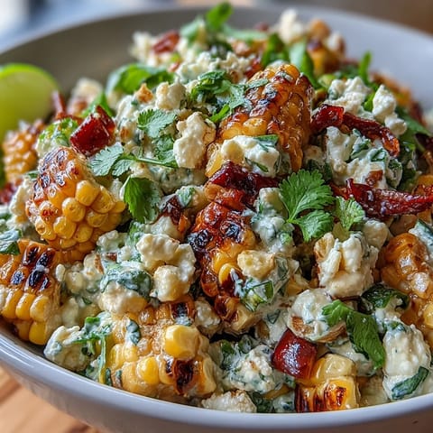 Mexican Street Corn Salad with charred sweet corn, creamy dressing, Cotija cheese, and fresh herbs in a vibrant bowl.