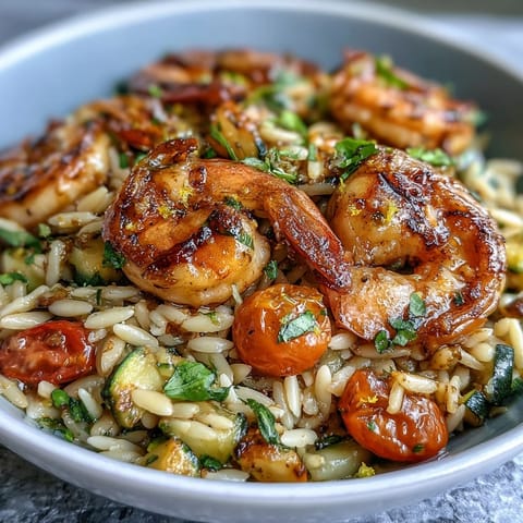 Vibrant one-pan lemon butter shrimp and orzo with juicy shrimp, fresh zucchini, and cherry tomatoes, all cooked together in a single skillet for easy cleanup.