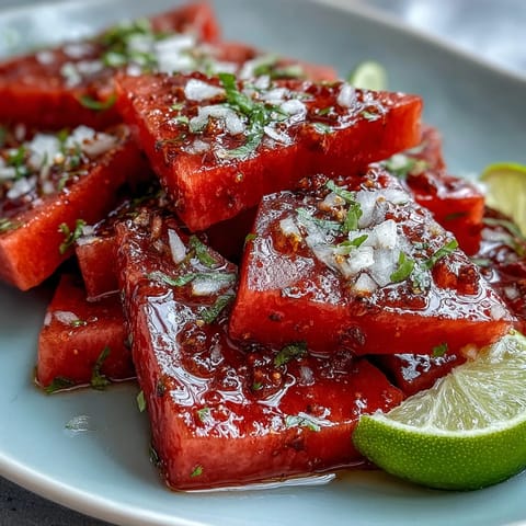 Vibrant watermelon wedges with tangy Tajin and fresh lime juice make a colorful, hydrating treat ideal for hot days.