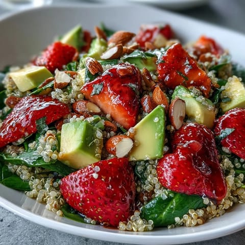 Creamy avocado and juicy strawberries tossed with quinoa, nuts, and tangy lemon-honey dressing for a colorful vegetarian salad.