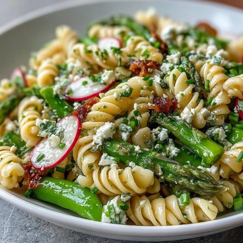 Vibrant spring pasta salad with radishes, asparagus, and lemon vinaigrette—perfect for light lunches or picnics.