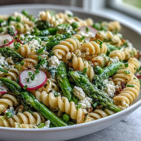 Fresh, colorful spring pasta salad featuring crisp radishes, tender vegetables, and a bright lemon-Dijon dressing.