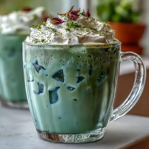 Elegant iced matcha latte with silky vanilla cold foam, served in tall glasses with ice cubes for Mother's Day brunch.