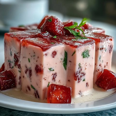 Elegant dessert featuring colorful gelatin squares suspended in a silky milk and cream mixture, topped with fresh strawberries.  
