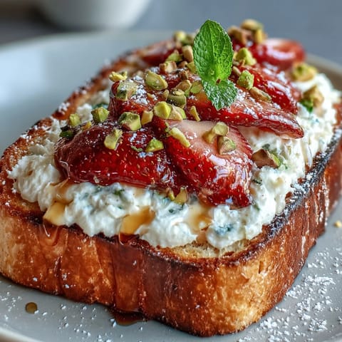 Strawberry honey ricotta toast with pistachios, a vibrant breakfast featuring creamy cheese, fresh berries, and crunchy nuts on golden sourdough.