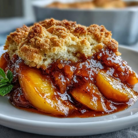 Juicy peaches baked under fluffy biscuits, perfect for sharing.