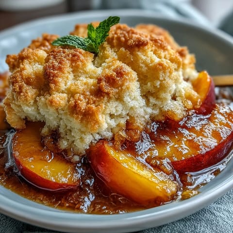 Warm peach cobbler with golden biscuits, a comforting Southern dessert.