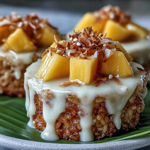 Delectable Coconut Mango Sticky Rice Cups topped with fresh, juicy mango.