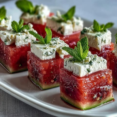 Juicy watermelon feta bites on toothpicks, perfect for summer parties.