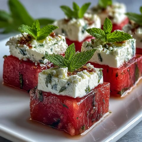Refreshing watermelon feta bites on toothpicks, a vibrant, easy appetizer.