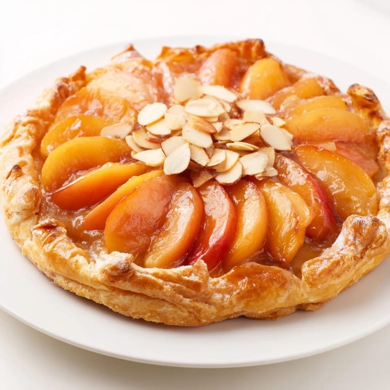 Slices of ripe peaches nestle in a buttery Rustic Peach and Almond Tart, ready to serve warm.