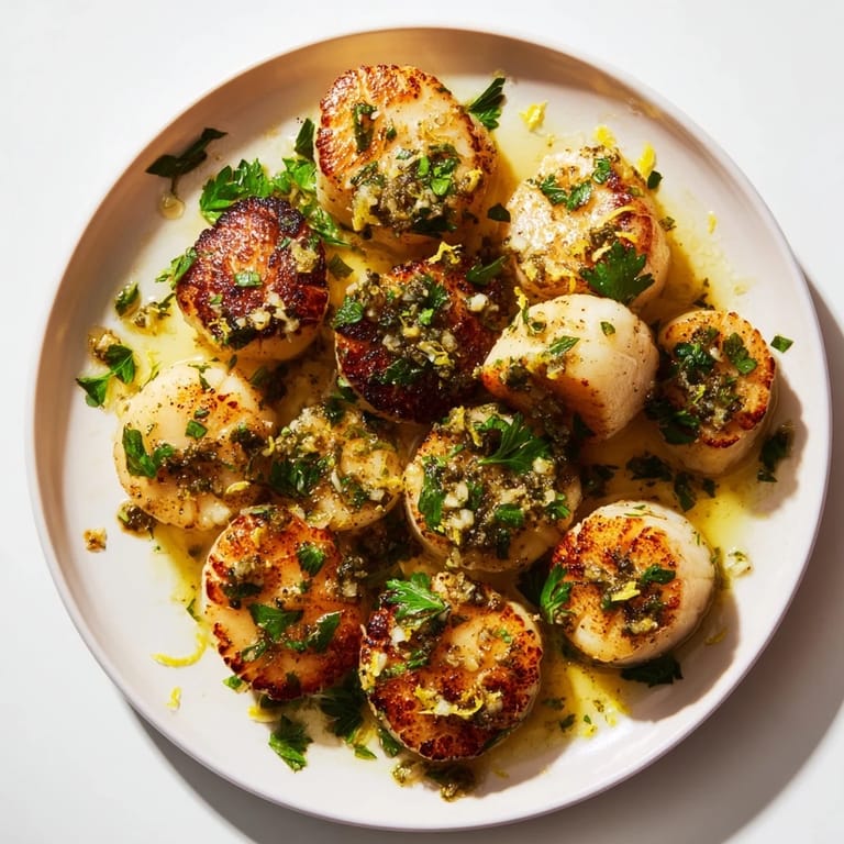 Perfectly seared pan-seared scallops, tender and juicy, drizzled with savory garlic butter sauce.