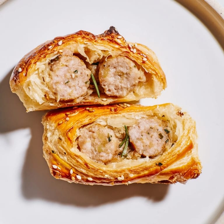 Warm, bite-sized Homemade Savory Sausage Rolls ready to eat, served on a parchment lined baking sheet.