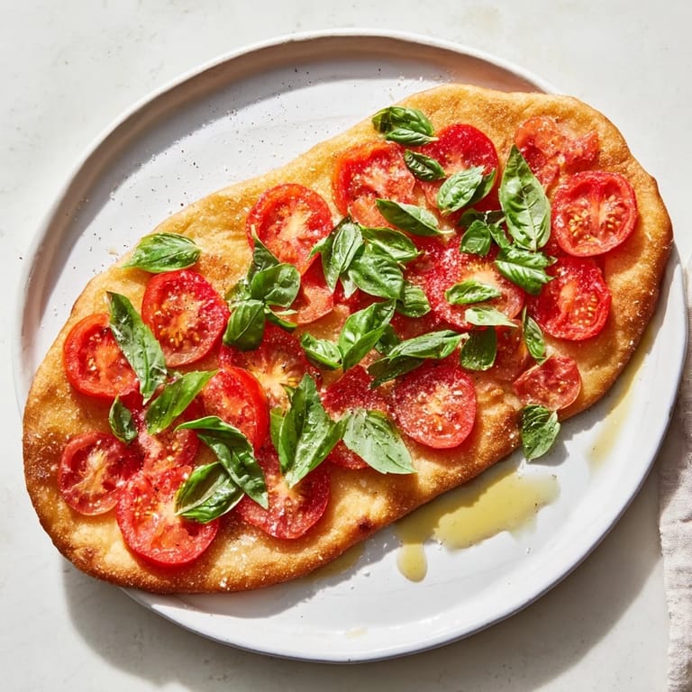 Close-up of Simple Homemade Tomato and Basil Flatbread, showing fresh basil with juicy tomato toppings.