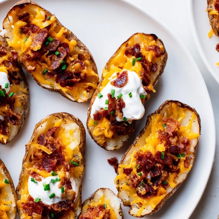 Perfectly cooked Crispy Air-Fryer Potato Skins, with melted cheddar and a creamy sour cream finish, ready to eat.