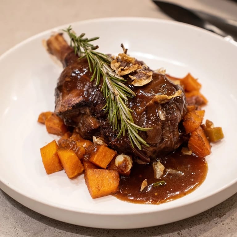 A close-up of golden-brown slow-roasted lamb shanks, a flavorful Mediterranean main course.