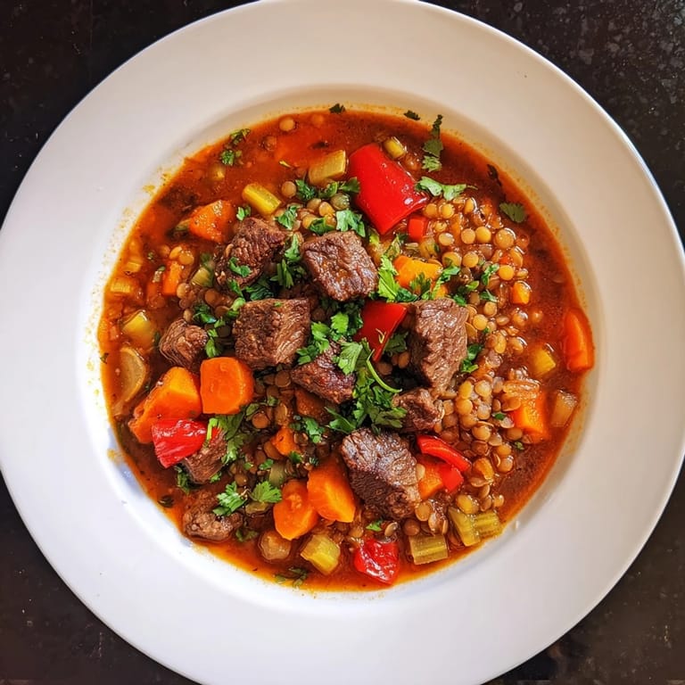 Hearty bowl of Spicy Beef and Lentil Soup, richly flavored, with vibrant red-pepper pieces and fresh cilantro garnish.