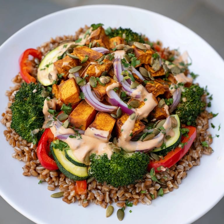 Close-up of a delicious hearty roasted vegetable and farro grain bowl, perfect for a healthy and satisfying meal.