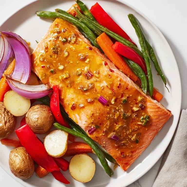 Delicious, easy One-Tray Baked Salmon featuring tender vegetables and a perfect honey mustard sauce.
