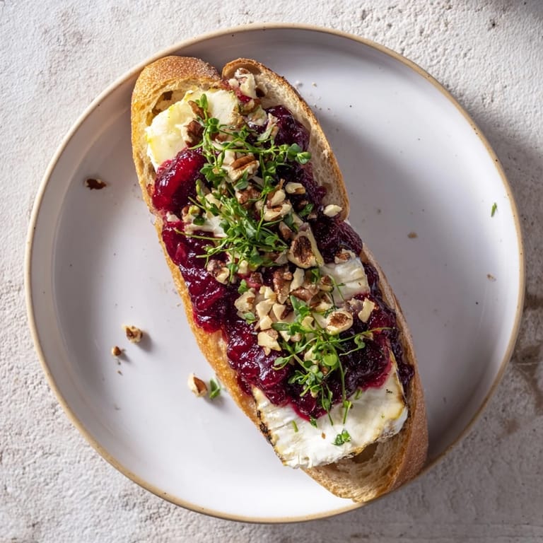 Close-up of Festive Holiday Cranberry and Brie Crostini: creamy Brie with tart cranberry, ready to eat.