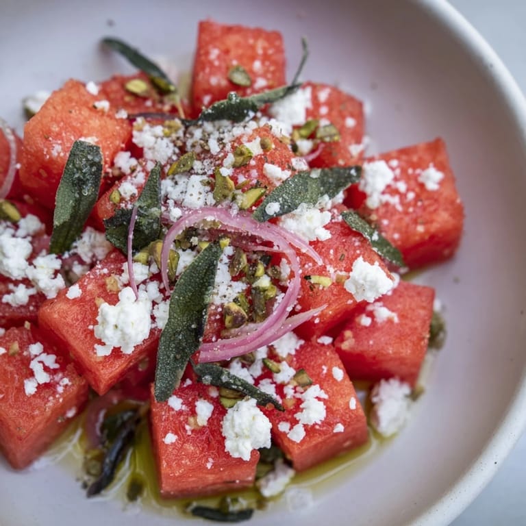 A bowl of Fresh Watermelon and Feta Salad, ready to eat, featuring bright mint and creamy feta.