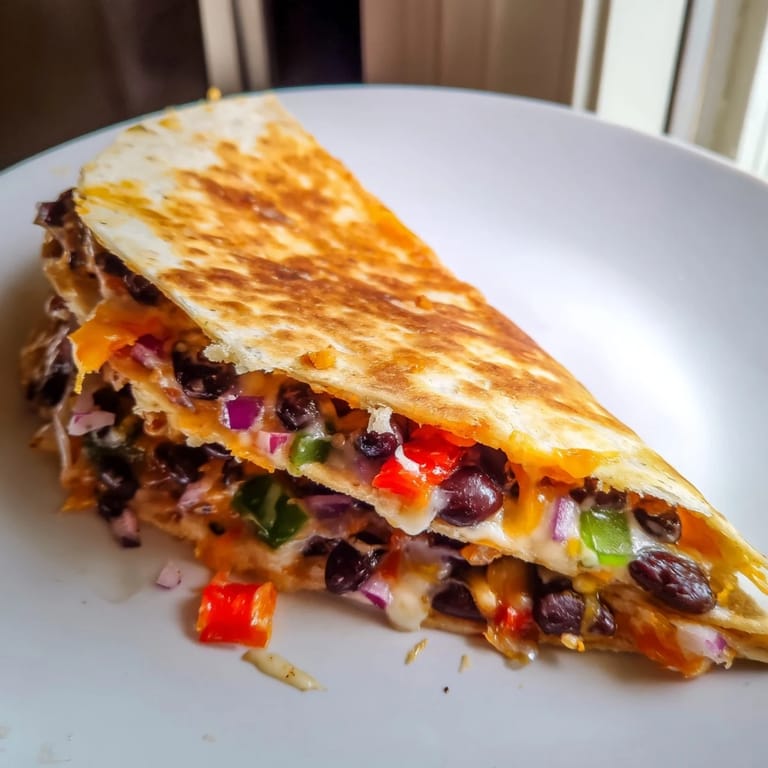 A close-up of a warm, melted black bean quesadilla with visible cheese and filling spilling out.