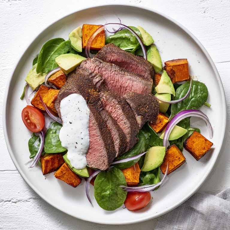 A delicious close-up of a plated Beef Avocado Sweet Potato Bowl with fresh, colorful ingredients.