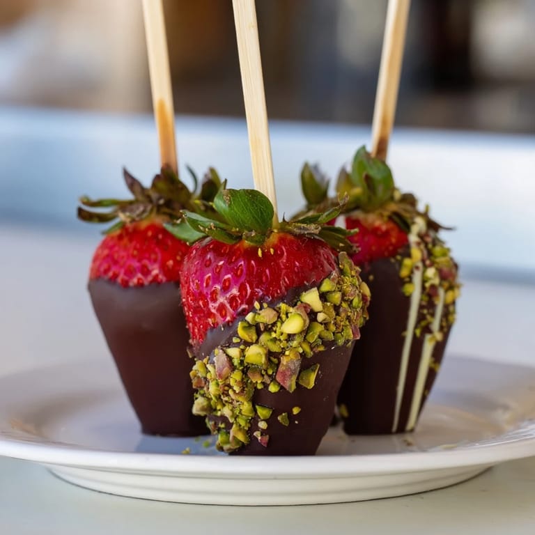 These enticing chocolate-dipped strawberry skewers showcase fresh, vibrant strawberries coated in decadent dark chocolate.