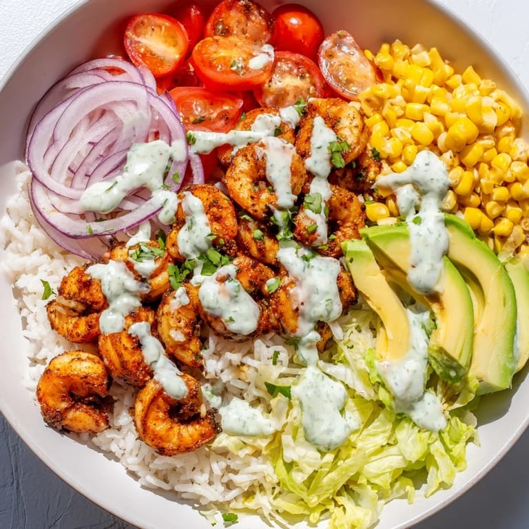 A beautiful close-up of Cajun shrimp taco bowls showing tender spiced shrimp, fresh veggies, and a creamy sauce.