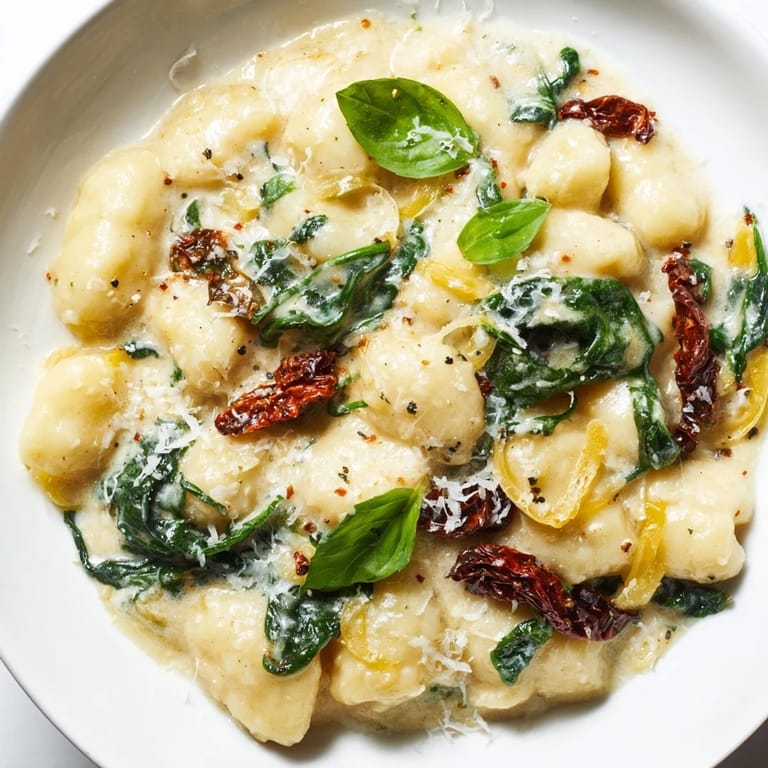 A skillet of Creamy Tuscan Gnocchi simmering in a rich garlic-Parmesan sauce, spinach visible.