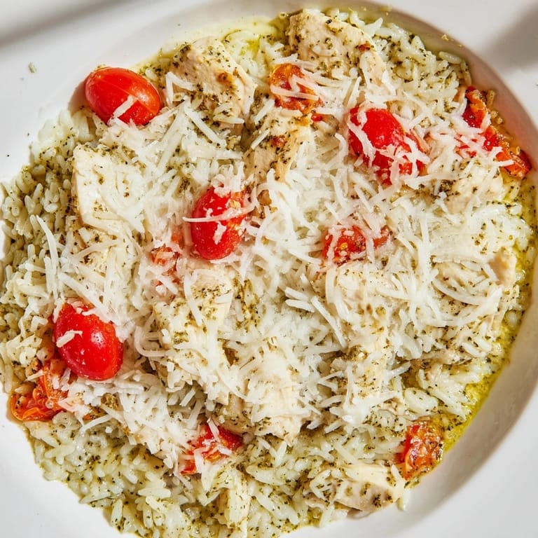 Creamy Chicken Pesto Rice Bake with melted cheese and juicy cherry tomatoes; a simple, flavorful meal.