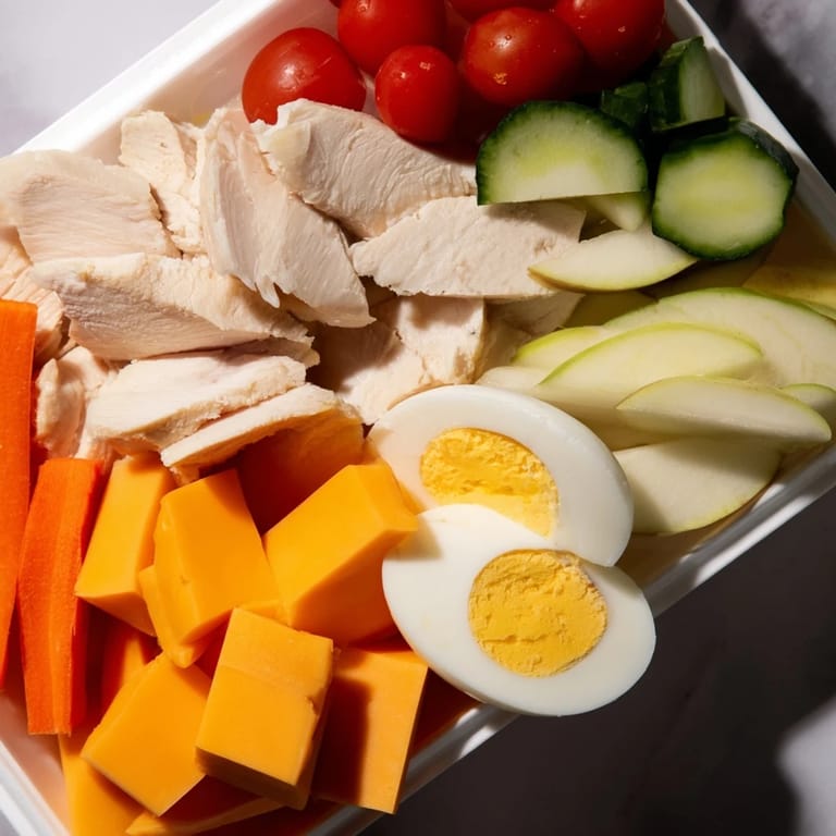Vibrant protein snack boxes filled with turkey, eggs, and fruit, perfect for a quick and healthy lunch.