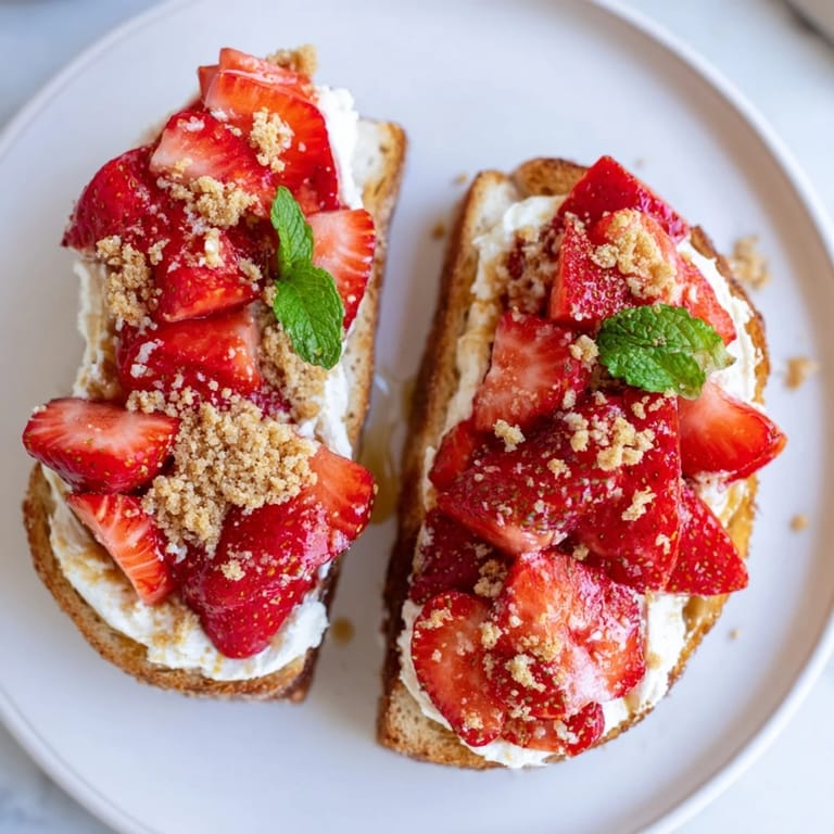 A close-up of delicious Strawberry Cheesecake Toast, ready to eat and dripping with flavor.