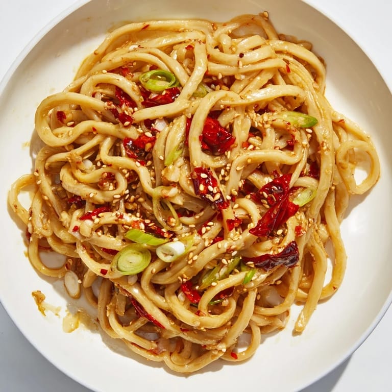 Savory Garlic Chili Oil Noodles served, showcasing glistening noodles with a spicy, flavorful sauce.