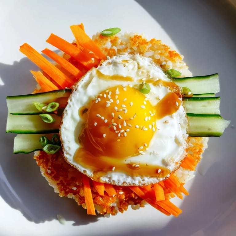 Enjoy a restaurant-quality crispy egg rice bowl: a perfectly fried egg sits on a bed of crispy rice.
