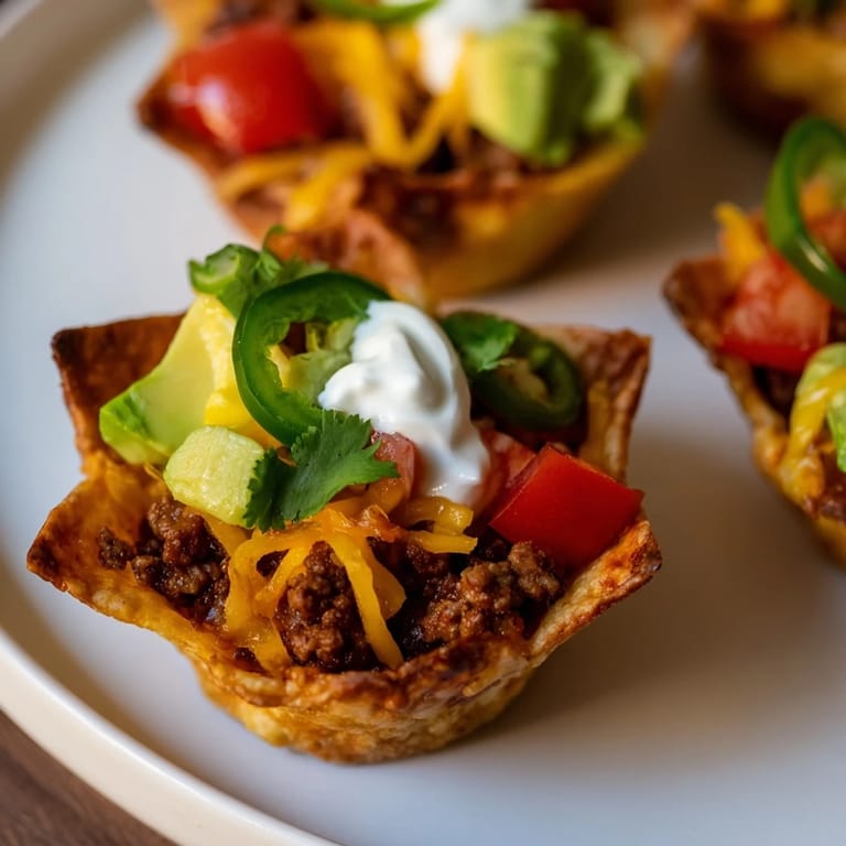 Warm, cheesy mini taco cups with perfectly crisp tortilla shells—a delicious appetizer everyone loves.