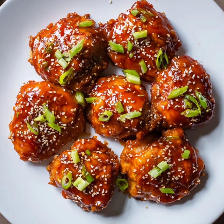 A close-up view of Sweet and Spicy Sriracha Honey Chicken, glistening with its savory-sweet sauce over rice.
