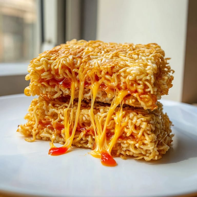 Enjoy the unique texture of homemade Instant Ramen Grilled Cheese, perfectly cooked and ready to eat.