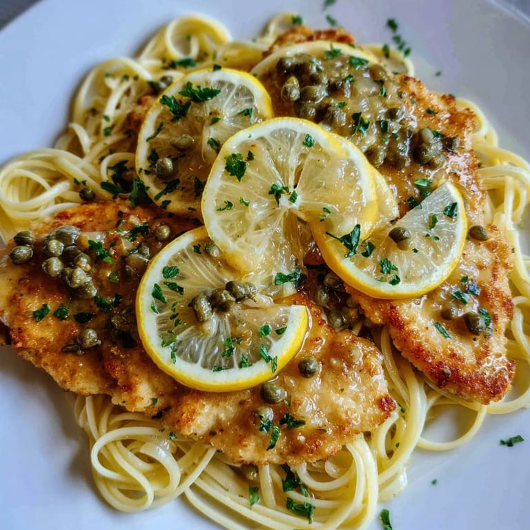 A beautiful plate showcasing Quick Chicken Piccata Pasta, with bright lemon slices and fresh parsley.
