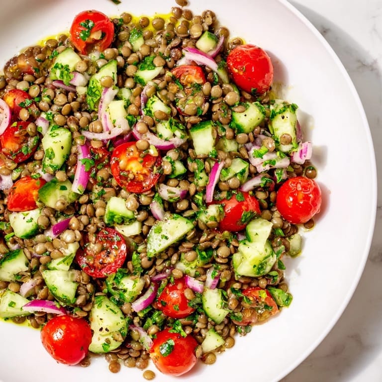 This hearty Lentil Salad showcases tender lentils mixed with crisp vegetables and a tangy, delicious dressing.