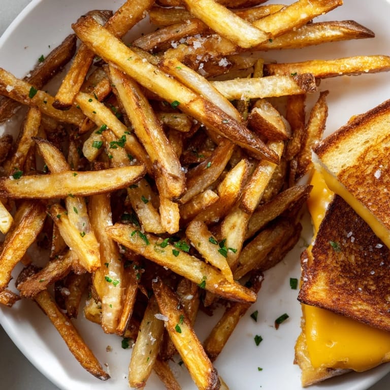 A close-up of a loaded plate: Beef tallow french fries and grilled cheese, ready to be enjoyed!