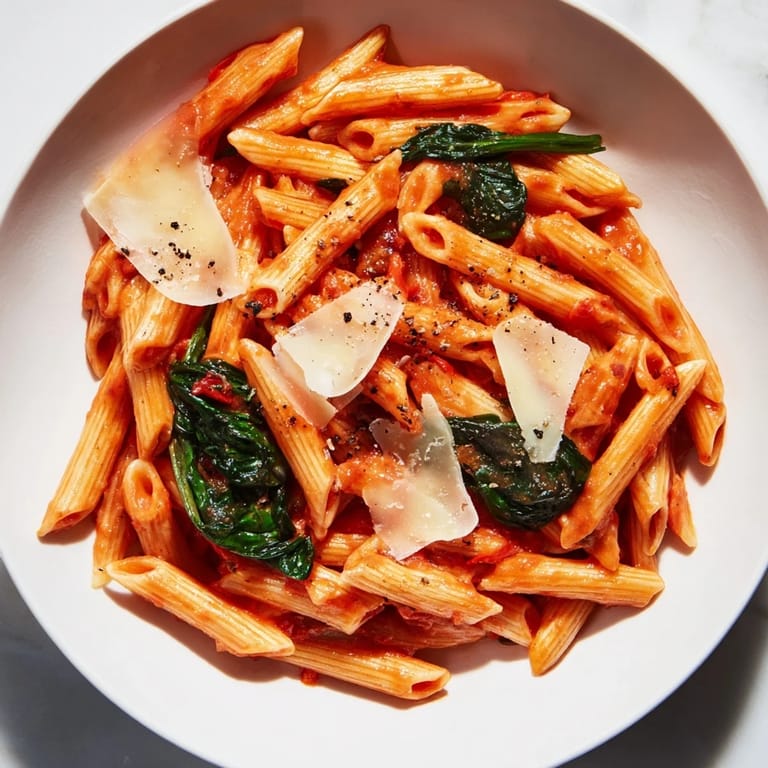 Delicious Quick Marinara Pasta with Spinach recipe, served with fresh basil and a sprinkle of Parmesan cheese.