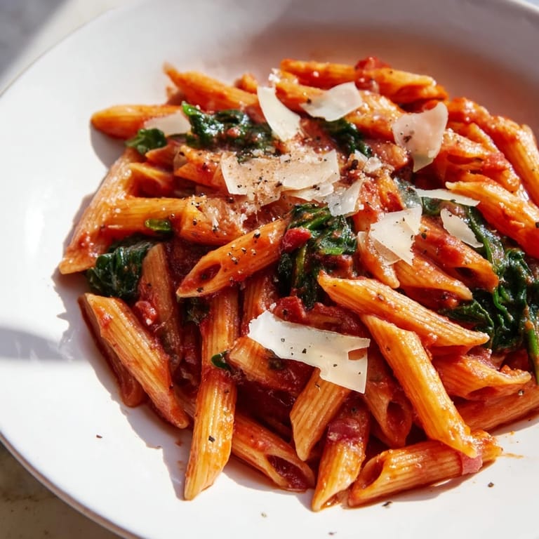 This easy Quick Marinara Pasta with Spinach features tender pasta and vibrant, delicious Italian-American flavors.